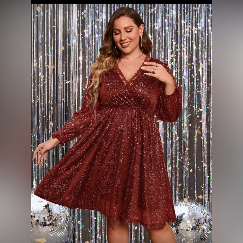 SHEIN Plus Red Sparkle Long Sleeve Dress Women’s 18